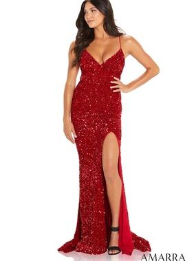 Red Sequin Spaghetti-Strap Prom Gown